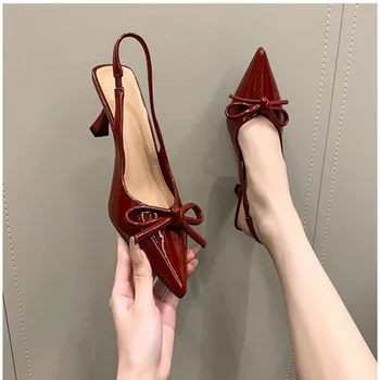 Women's Pointed Toe Bow Wrapped Toe Sandals Summer New Back Trip Band French Stiletto Kitten Heel High Heel Single Shoes 1