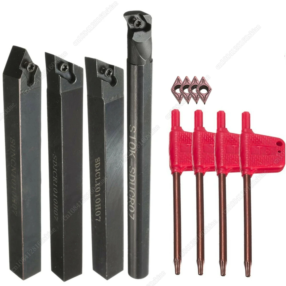 

New 4Pcs S10K-SDUCR07/SDJCR/SDJCL/SDNCN1010H07 Lathe Boring Bar Turning Tool Holder Set With 4Pcs DCMT0702 Inserts Durable