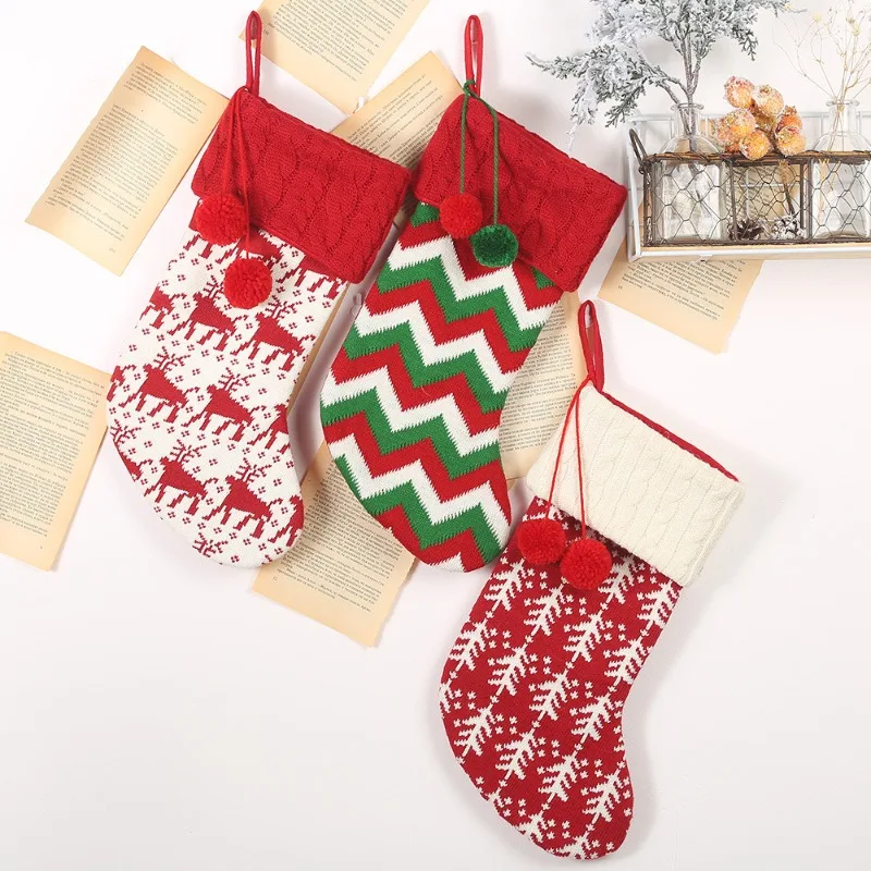 New Knit Christmas Stockings - Red/White Reindeer Pattern Gift Bags for Kids, Holiday Decor with Plush Yarn for Fireplace Mantle