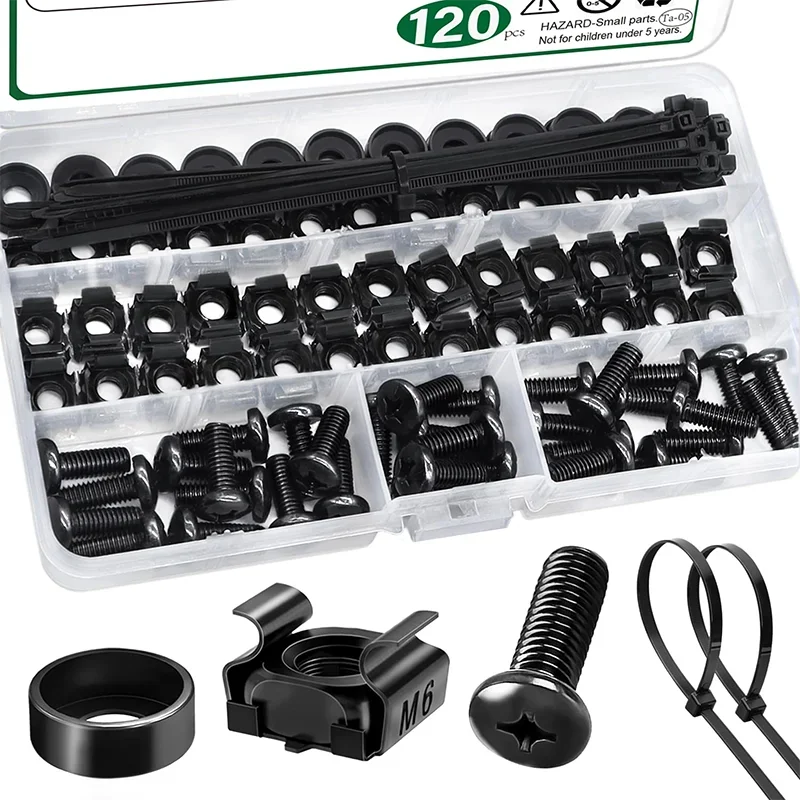 Wire Rack Screw Inserts 120Pcs Rack Mount Cage Screws Nuts Washers and Self-Locking Cable Ties ...