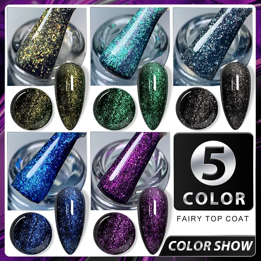 DEROI 8ML Sparkly No Wipe Gel Top Coat Glitter Topcoat Gold Foil UV Gel Matte Manicure Nail Art DIY Soak Off Shine Gel Polish 6