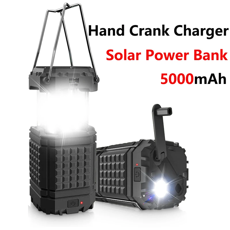 Solarny powerbank z korbką i latarką led na kemping i telefon_voghion.com