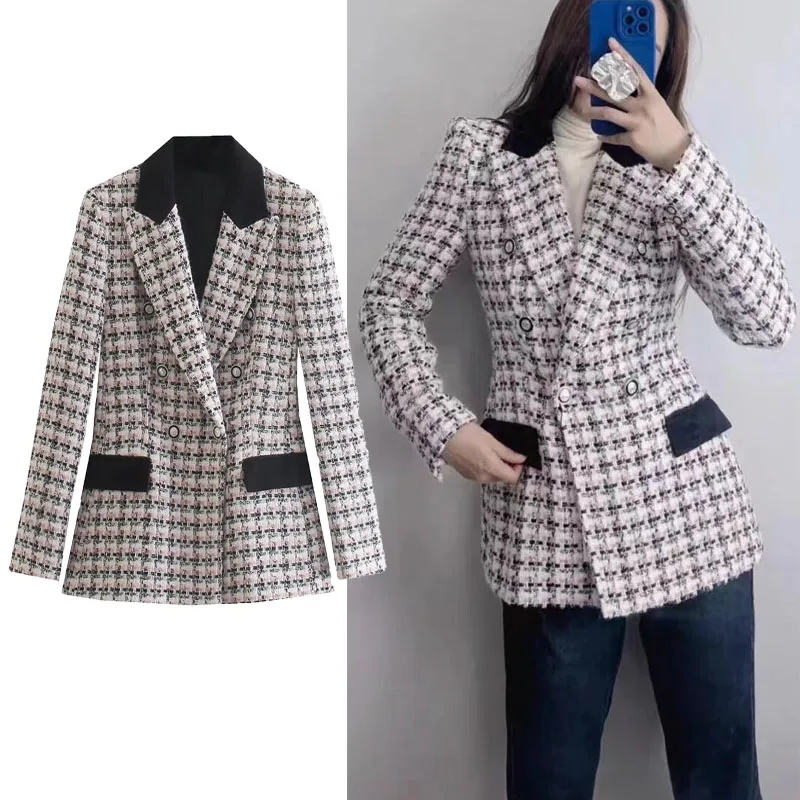 

TRAF Women Plaid Blazer 2023 New Fashion Elegant Contrast Lapel Collar Fitted Blazer Ladies Commute Office Unisex Textured Tops