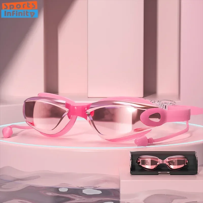 High Definition Swimming Goggles Waterproof Anti Fog Electroplated with Integrated Earplugs Box
