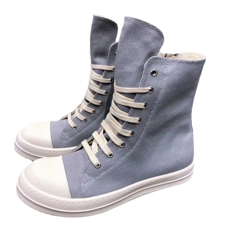 

Spring/Summer Simple Design Casual Shoes Genuine Leather Canvas Splicing Classic Couple Shoes Zipper High Gang Flat Sneakers