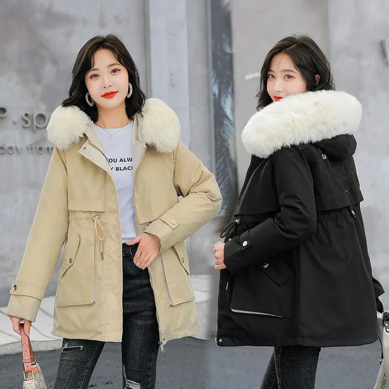 Oversized Fake Fur Hooded Parkas Women Korean Fashion Letter Print Down Cotton Padded Coat Snow Wear Thick Puffer Winter Jacket