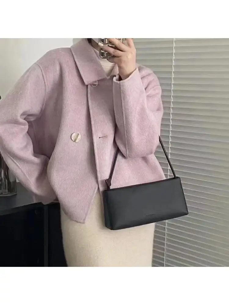 

Spring 2024 Short Women's Double-Sided Loose Wool Alpaca Coats Solid Color Single-Breasted All-match Casual Woolen Jackets