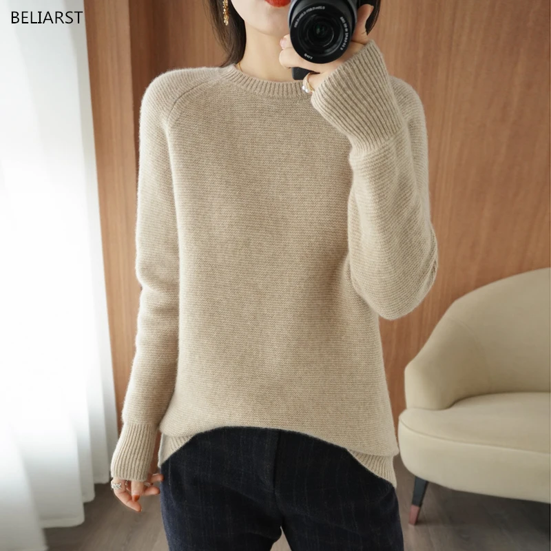 

100% Pure Wool Cashmere Sweater 2022 Spring/Autumn Women's O-neck Pullover Casual Knit Tops Korean Fashion Thick Warm Jacket