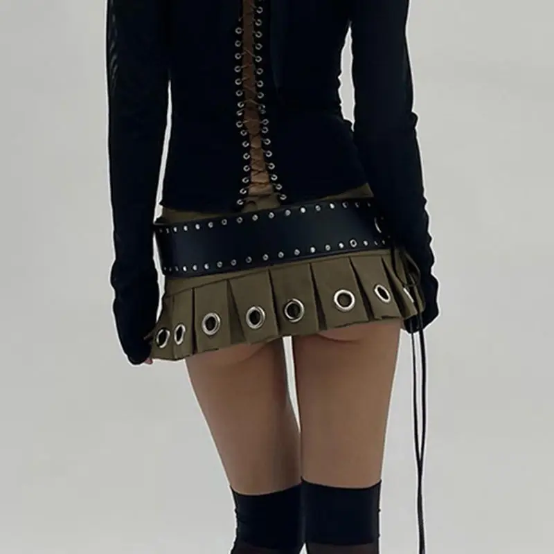 

Rapcopter American Retro Eyelet Characteristic Low Waist Miniskirt Women's Belt Slim Fit Hot Girl Pleated Skirt