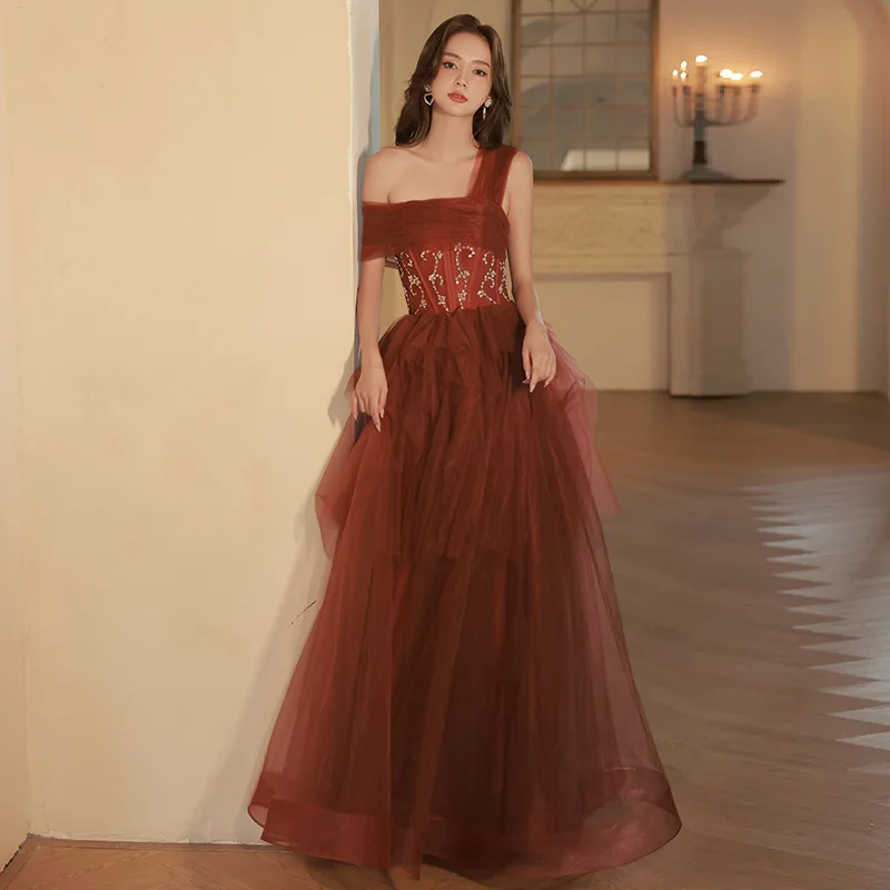 

Women's Evening Dress Tulle Chiffon A-Line Floor-Length Prom Dresses One-Shoulder Simple Elegant Banquet Gown Quinceanera Wear