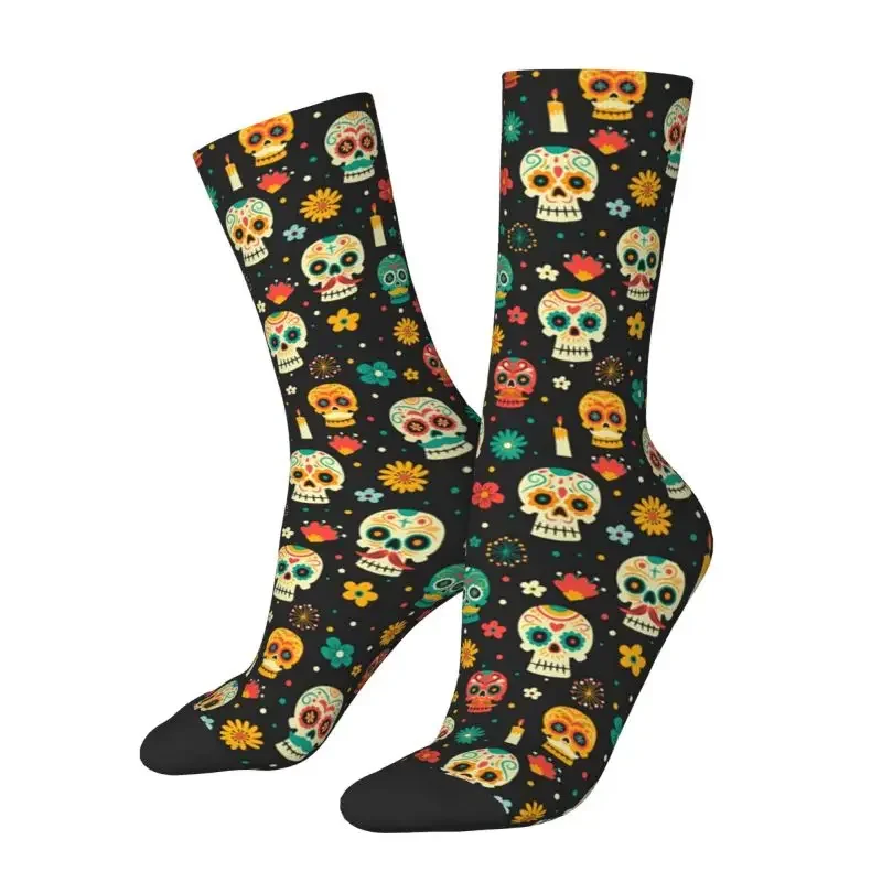 

Funny Printing Mexican Flower Sugar Skull Socks for Men Women Stretchy Summer Autumn Winter Day Of The Dead Crew Socks