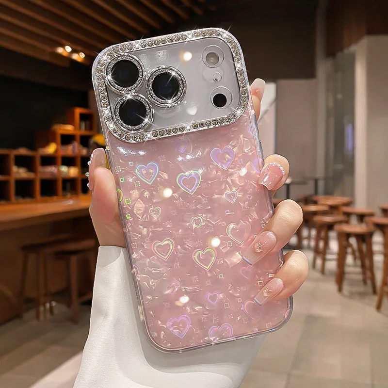 Love Heart Rhinestone Silicone Phone Case with Lens Film Cover