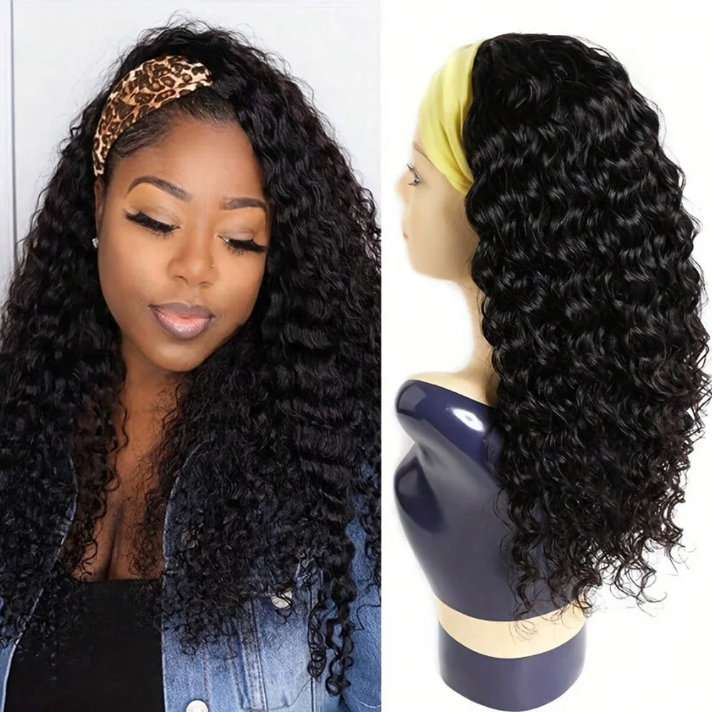 200% Density Deep Wave Curly Human Hair Headband Wig Glueless Machine Made No Lace Natural Color Human Hair Wigs for Women