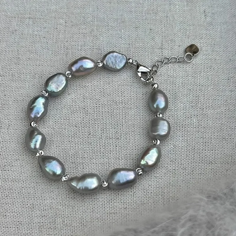 

Minar 2023 New Arrival 7-8mm Gray Color Baroque Freshwater Pearl Beaded Bracelet for Women Silver Plated Copper Strand Bracelets