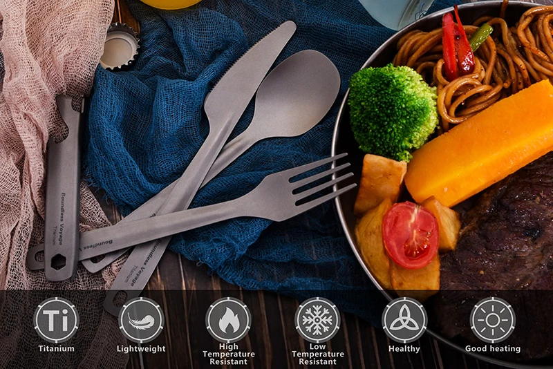 Description Picture 2 of itemBoundless Voyage 4pcs/set Titanium Cutlery Set Knife Fork Spoon & Bottle Opener Lightweight Outdoor Camping Picnic Tableware Set