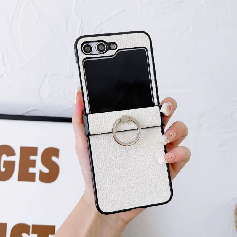 Litchi Patterned Leather Phone Case with Ring Holder and Shockproof Design
