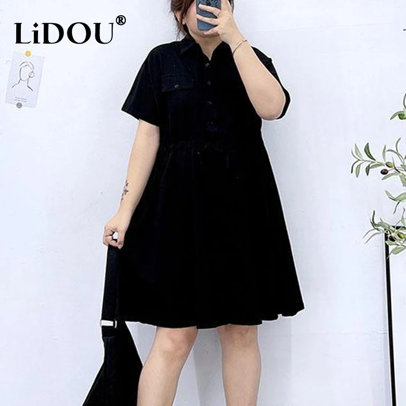 

2023 Summer New Elegant Fashion Korean Style Office Lady Plus Size Midi Dresses Solid Color High Waist Loose Dress Women Robes
