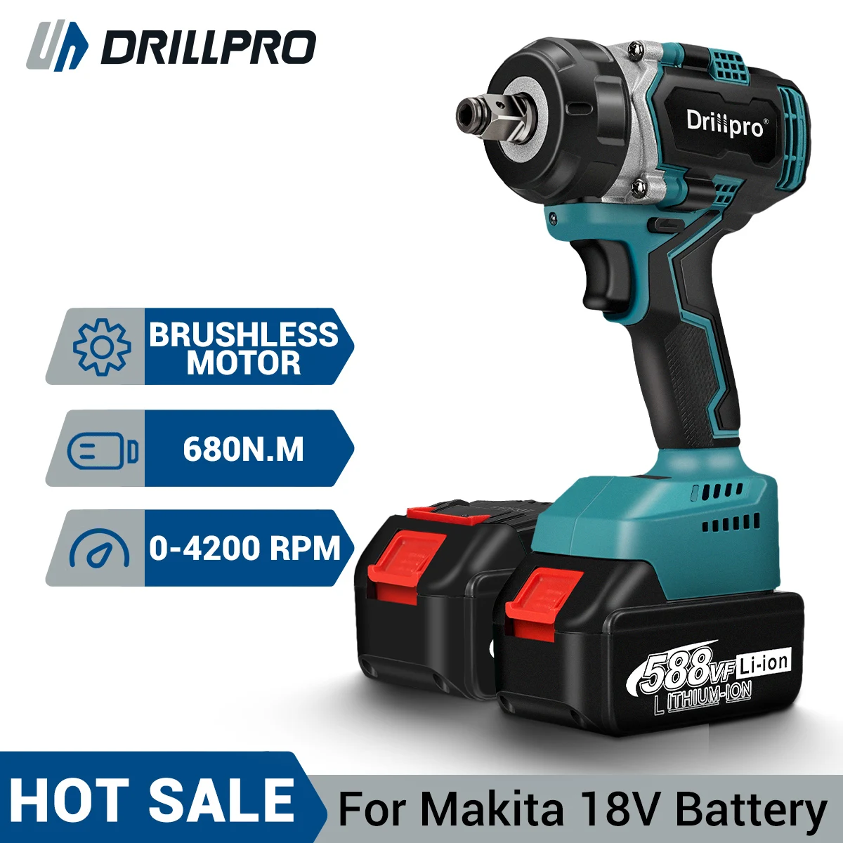 

Drillpro 680N.m Brushless Electric Impact Wrench Rechargeable Cordless Wrench 1/2" Drive with 588VF Battery Power Tools