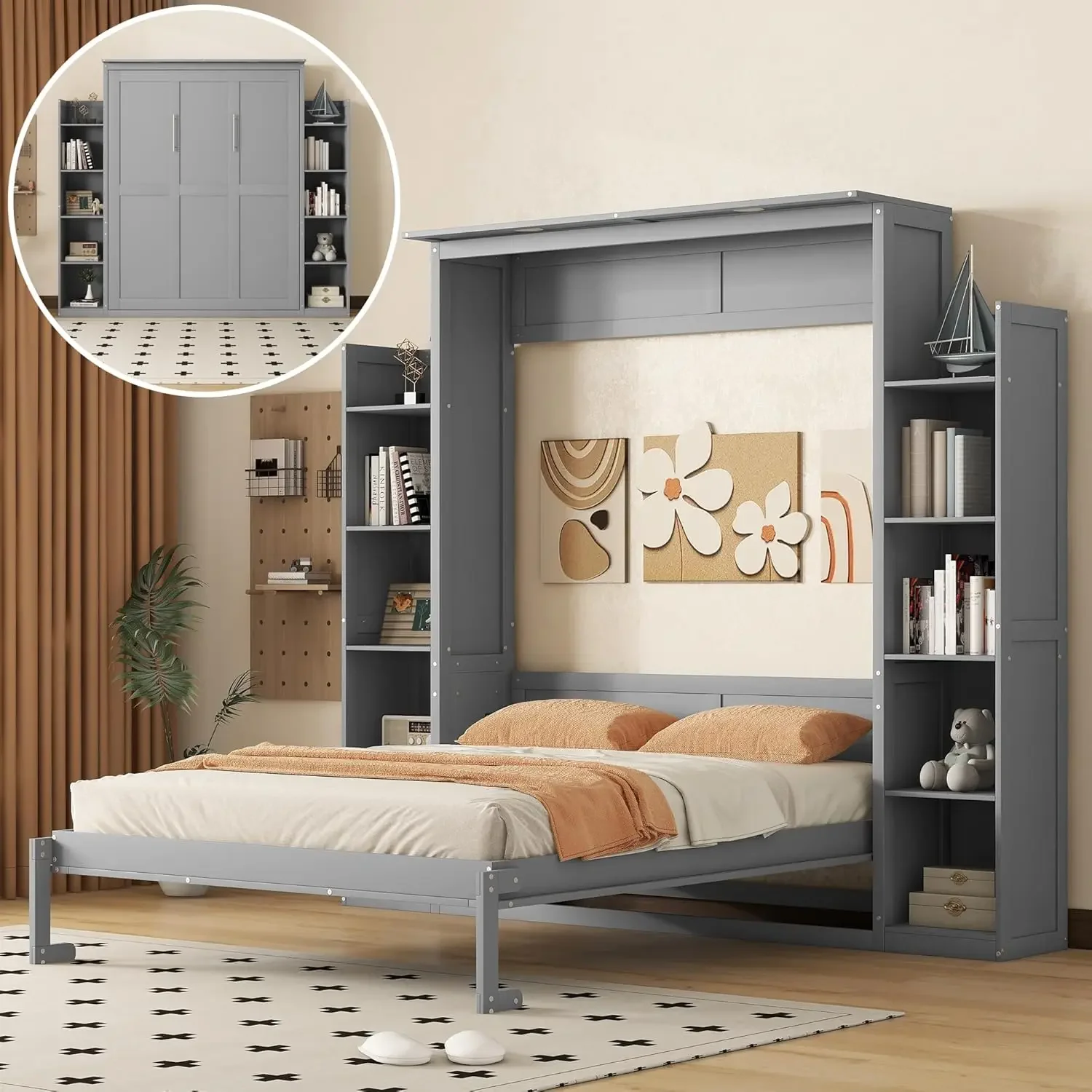 Folding Beds with Storage Shelves and LED Lights 2 in 1 Wooden Platform Bedframe can be Foldable into Cabinet Gray