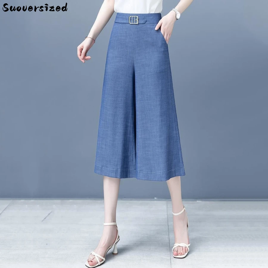 

Sequined Blue Summer Wide Leg Jeans Calf Length Baggy Denim Pants Women Casual Vaqueros Korean Fashion Pantalones Thin Trousers