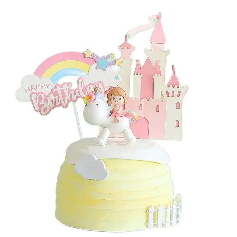 Birthday Cake Topper Decoration Unicorn Girl Doll Decoration Rainbow Clay Love Heart Pink Star Baby Shower Cake Insert Decor