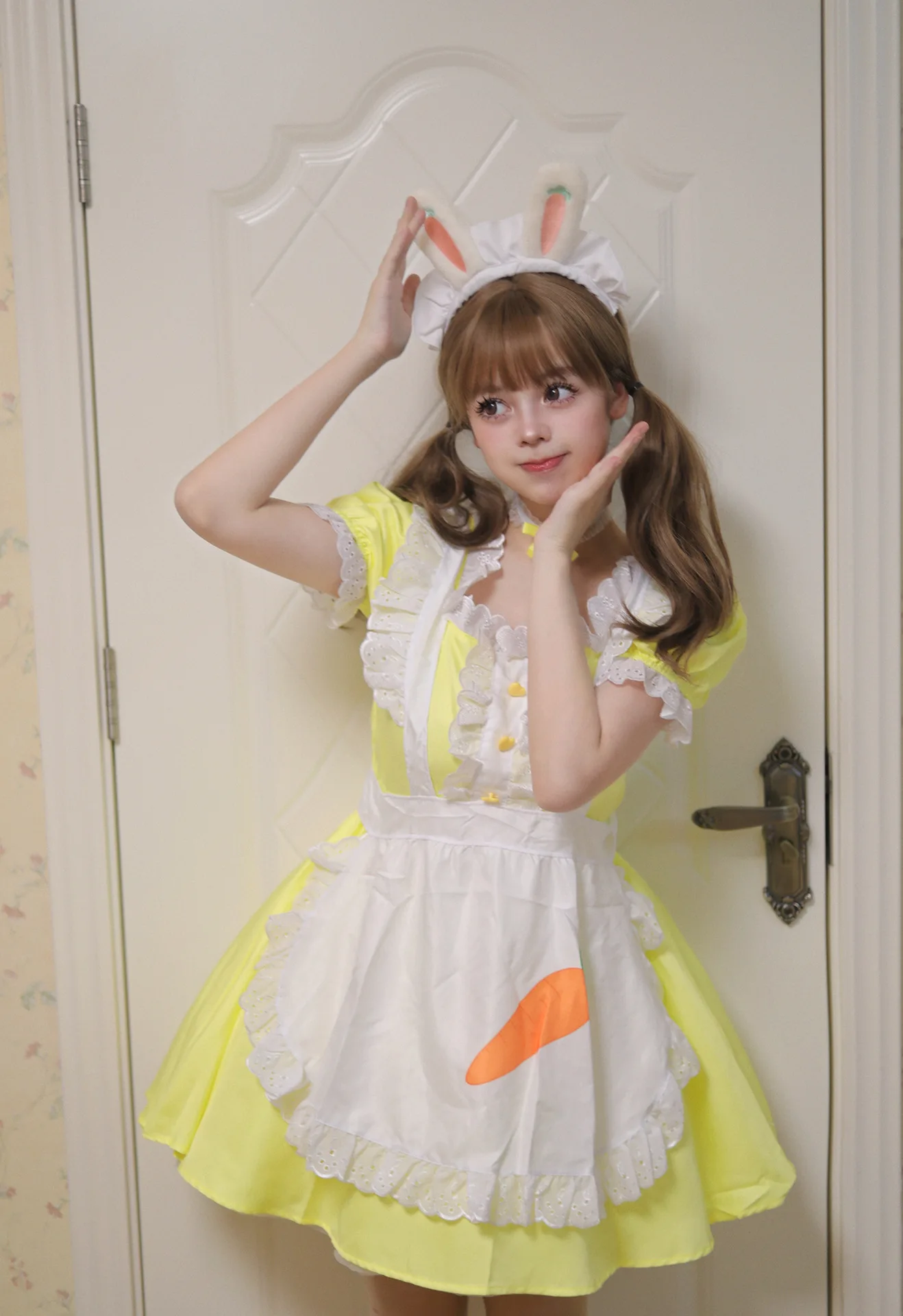 Cosplay Maid Kleid Gelb mit Schürze Anime Lolita Kostüm Damen 12