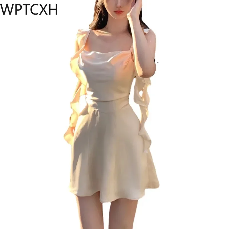 

Women 2024 Summer Korean Short Design Spaghetti Strap Vintage Fairy Sweet Female Clothing Elegant Sleeveless Satin Mini Dress