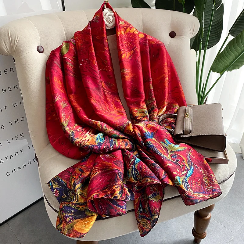 S72c164b4ee54440d9877646b527530a0X 180x90cm Large Silk Satin Scarf Hijab Women Print Spring New Shawl Wrap Female Hand Foulard Pashmina Mallzona