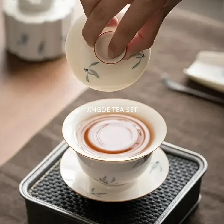 150ml Chinese Hand Painted Ceramic Tea Tureen Teacup Travel Portable Gaiwan Handmade Porcelain Tea Bowl with Saucer Home Set