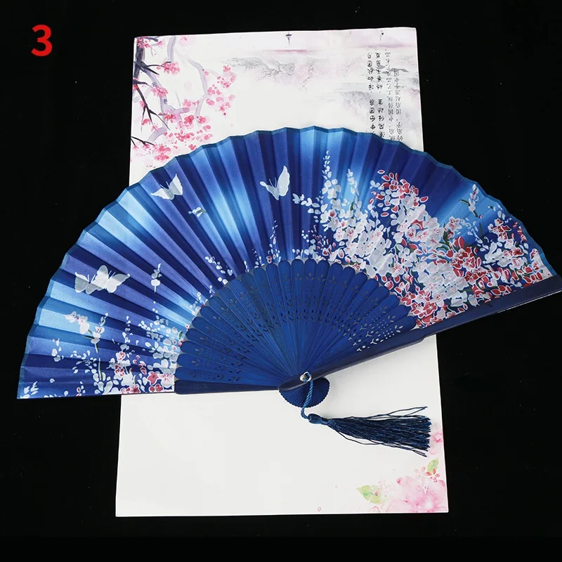 Vintage Silk Folding Fan 1Pc Retro Chinese Japanese Bamboo Folding Fan Tassel Dance Hand Home Decoration Ornament Craft Gift