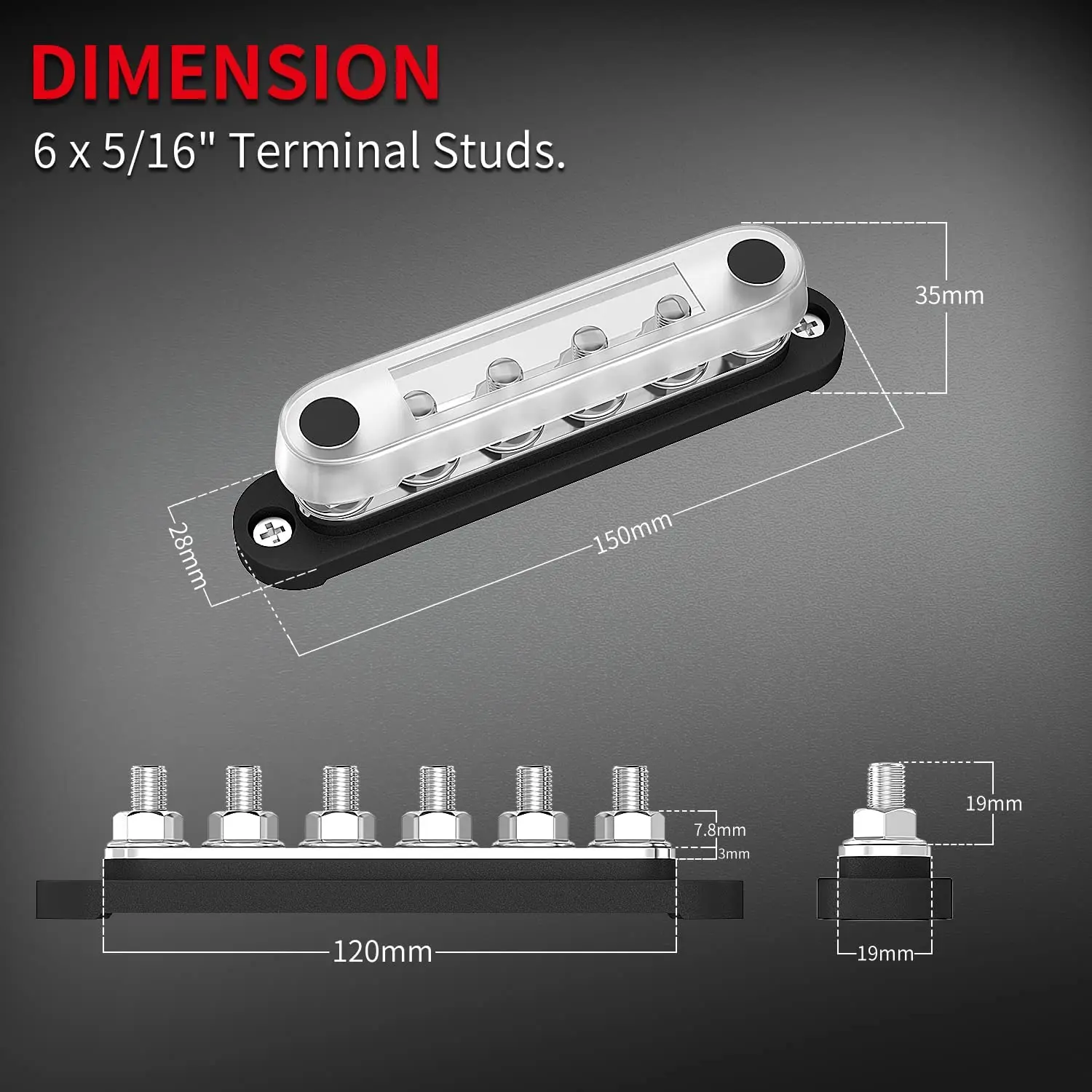 12 V 버스 바 6x5/16 (M8) 터미널 스터드 12 V 배전 블록, 커버 포함 배터리 버스 바 12 V - 48V 차량용
