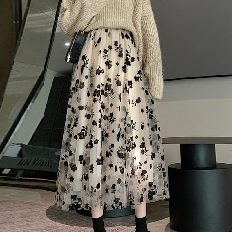 High Elastic Waist Sweet Mesh Print Pleated Skirt Casual Elegant All-Match Women's Skirt Summer Trend Office Lady's A-Line Skirt