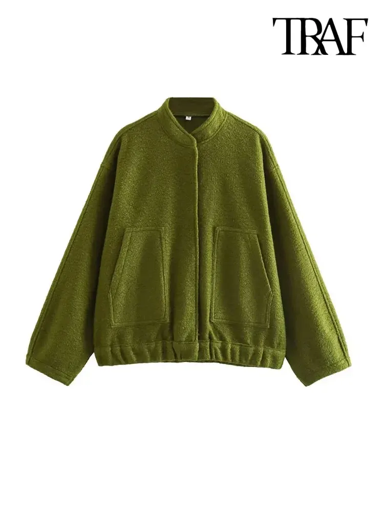 TRAF Women Fashion With Pockets Oversized Bomber Jacket Coat Vintage Long Sleeve Snap Button Female Outerwear Chic Tops 5