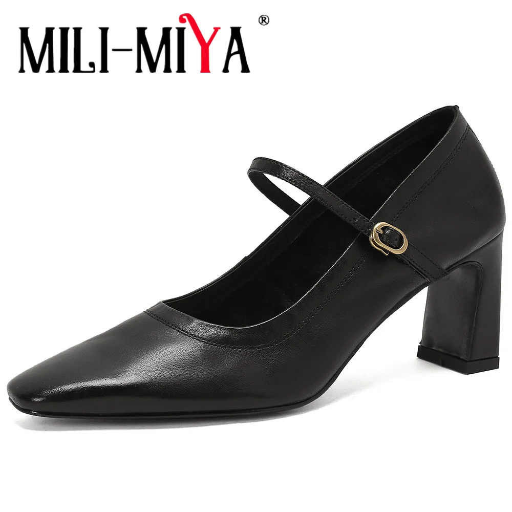 

MILI-MIYA Vintage Mary Jane Shoes Women Full Genuine Leather Pumps Solid Color Thick Heels Round Toe Big Size 34-40 Handmade