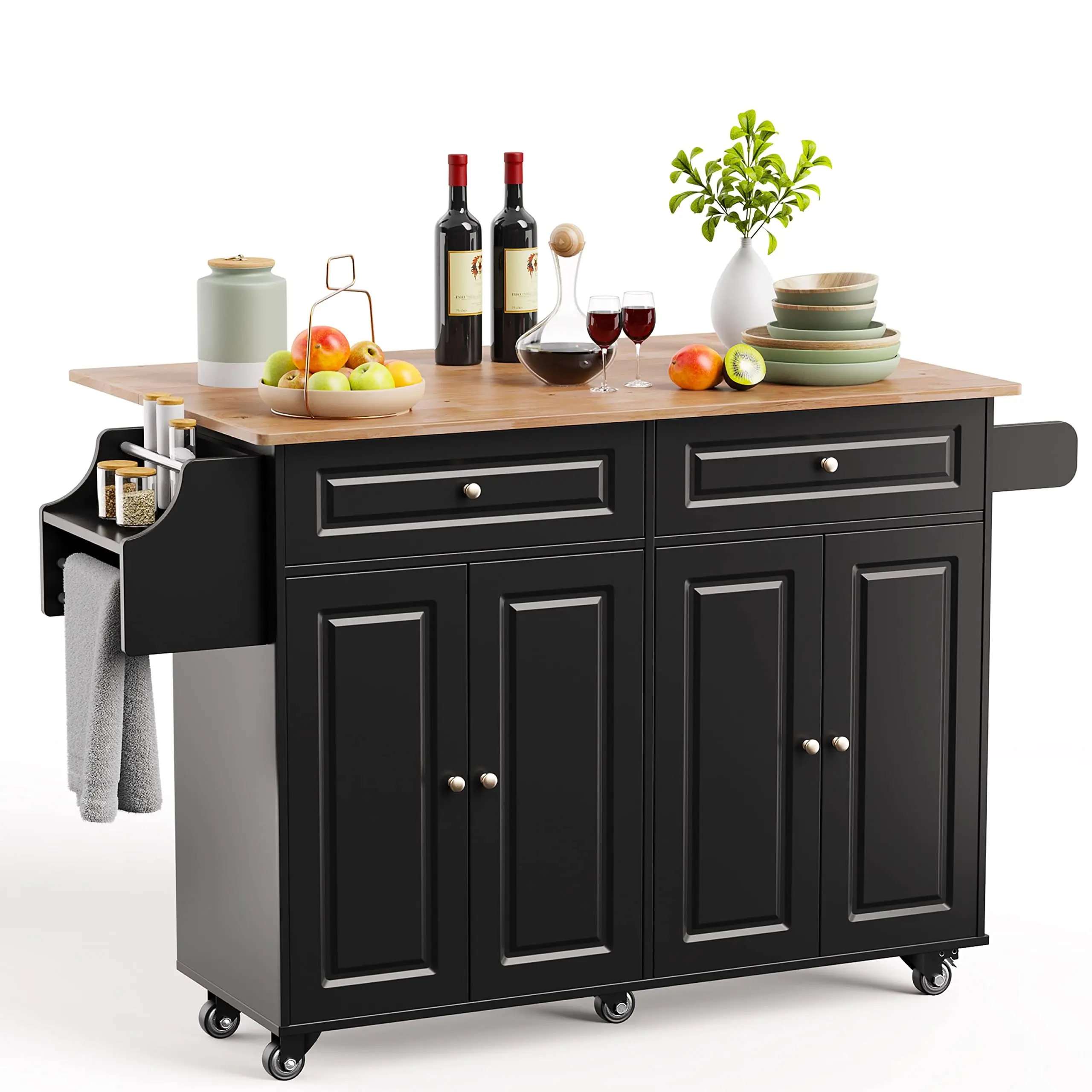 Rolling Kitchen Island with 4 Door Cabinet and Two Drawers, Solid Wood Top Coffee Bar for Dining Room