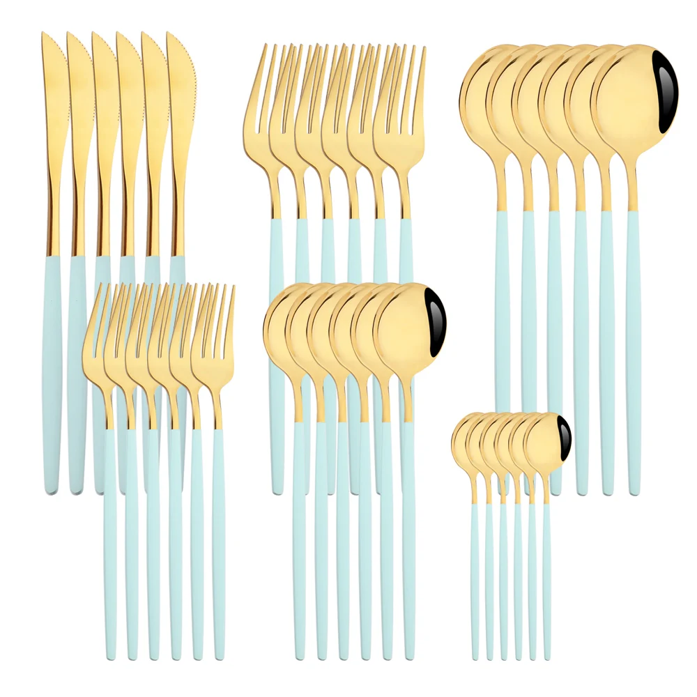 

36Pcs Mint Gold Dinnerware Set Mirror Stainless Steel Knife Fork Coffee Spoon Cutlery Set Western Complete Kitchen Tableware Set