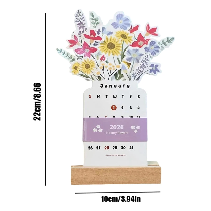 【Nice】2026 Bloomy Flowers 데스크 캘린더 미니 캘린더 스탠딩 데스크 캘린더 꽃병 모양의 데스크탑 월간 플래너 홈 스쿨용