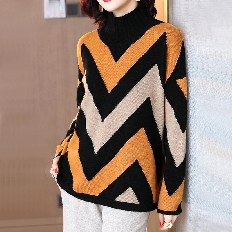 

2023 Autumn and Winter Loose Fitting Casual Lazy Style Fashionable Color Matching Slim High Neck Stripe Versatile Knit Sweater