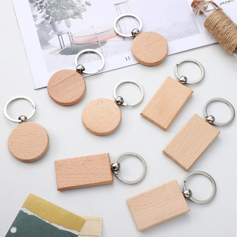 20Pcs Wooden Keychains Blank Wood Key Chain Rectangle Unfinished Wooden Key Ring Key Tags DIY Keychain Supplies