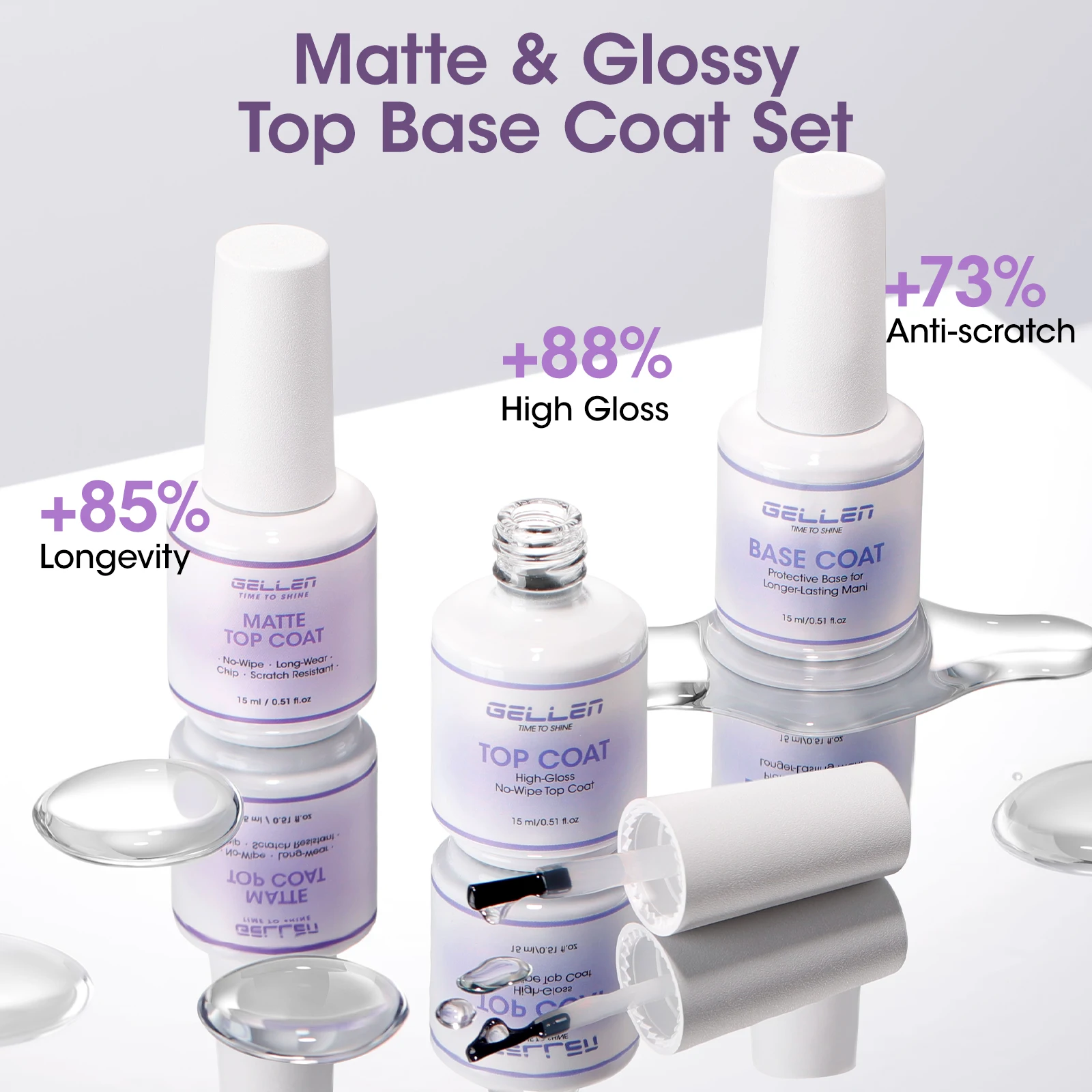 GELLEN Professional Gel Nail Polish Set - Base, Top Coat & Matte Glossy Finishes, Long-Lasting 15ml DIY Manicure Kit