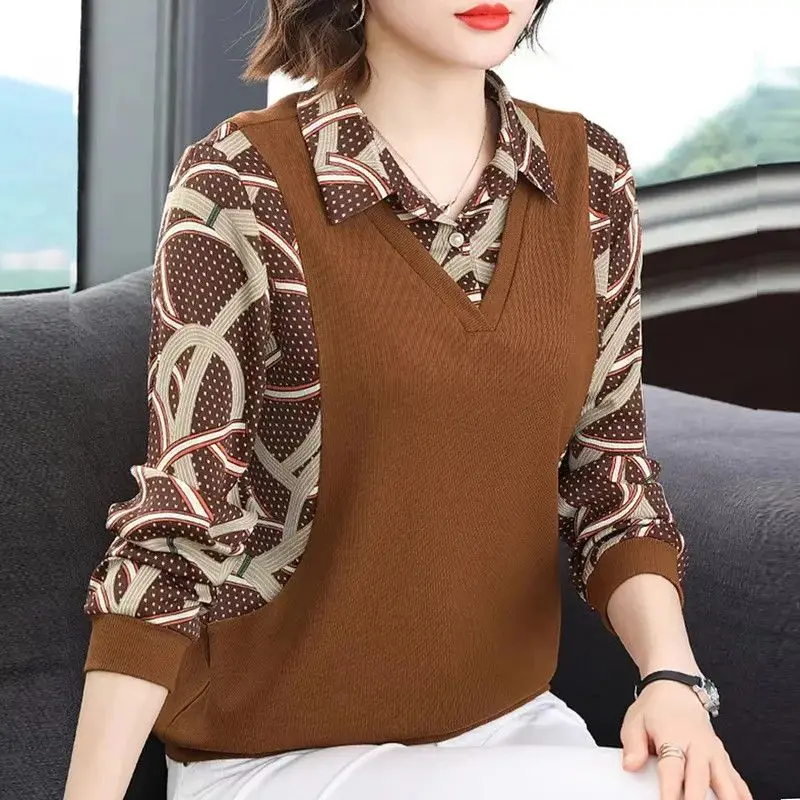 Spring Autumn Fake Two Pieces Blouse Vintage Long Sleeve Printed Women's Clothing Commute Lapel Button Stylish Patchwork Shirt stylish green women suits 2 pieces formal one button blazer pants slim fit sheer lapel plus size tailored mother of the bride