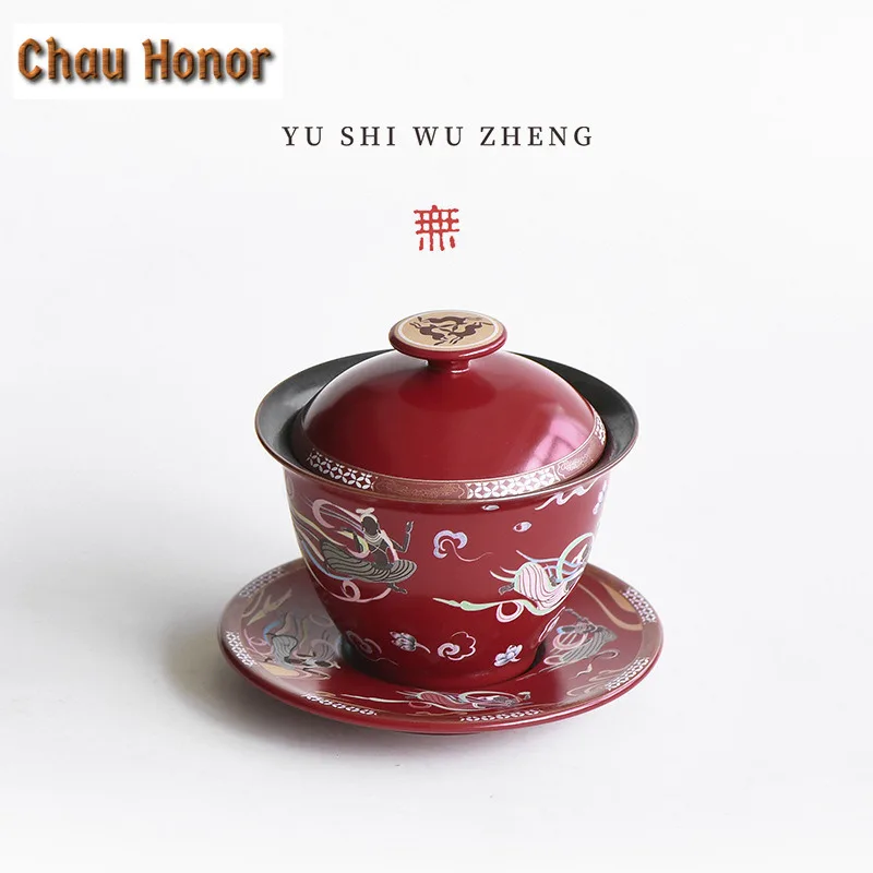 110ml Dunhuang Apsaras Red Coarse Pottery Gaiwan Zen Tea Tureen Tea Bowl With Lid Kit Tea Brewing Cover Bowl Teaset Drinkware