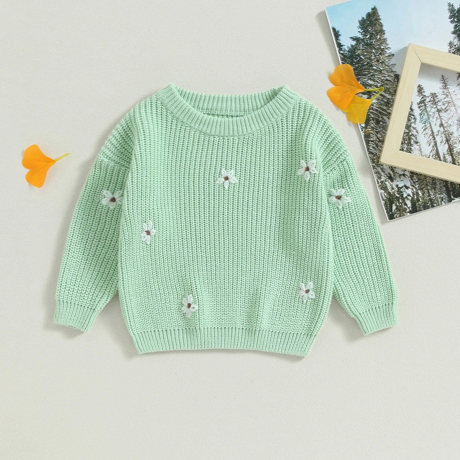 Infant Newborn Baby Girl Sweater Long Sleeve Crew Neck Flower Winter Warm Knit Pullover Sweater Infant Clothes 0-24M