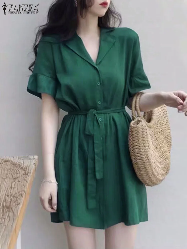 

ZANZEA Women Solid Short Dresses Fashion 2023 Summer Suit Collar Sundress Office Lady Casual Belted Robe Oversized Mini Dress