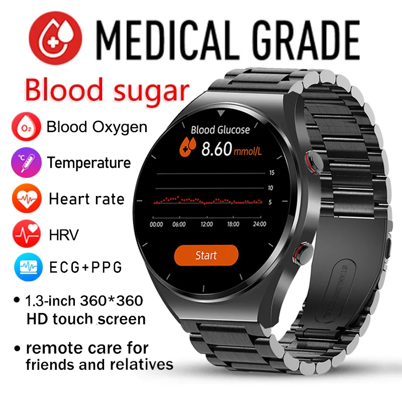 

HYTRON 2023 New Noninvasive Blood Sugar ECG+PPG Smart Watch Men Heart Rate Blood Oxygen Health Smartwatch IP67 Waterproof Sport