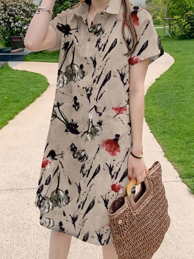 

ZANZEA Vintage Short Sleeve Dresses Women Floral Print Vestidos Casual Office Shirt Robe Elegant 2024 Summer Mini Dress Oversize