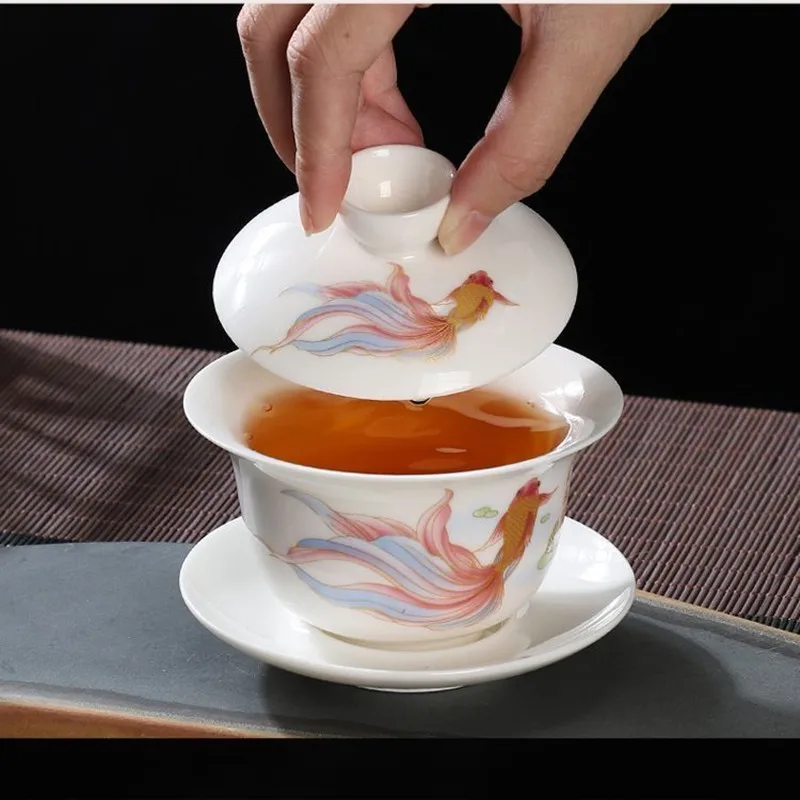 Suet Jade Porcelain Sancai Gaiwan, Hovering Teacup, White Ceramic Single Tea Bowl, Suspension Tea Set, Tureen, Household Teaware