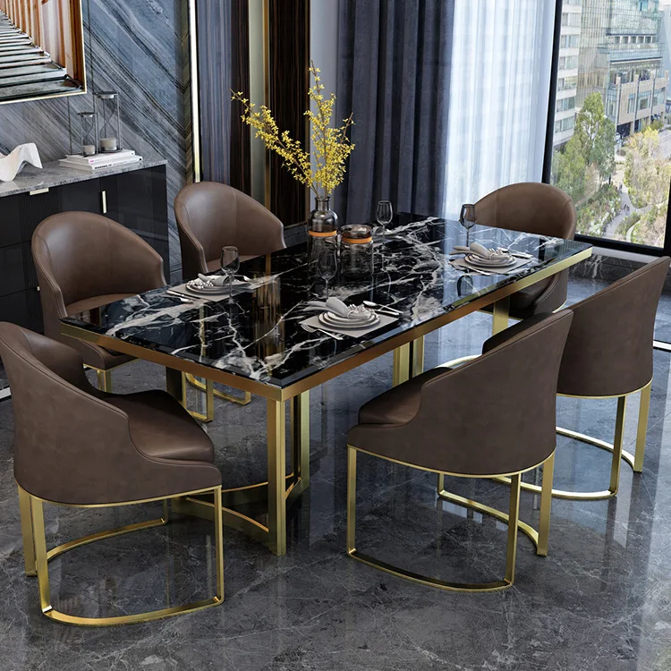 Dining Room Sets Stainless Steel Metal Marble Top Luxury Tables and Chairs Set for Apartment Customized