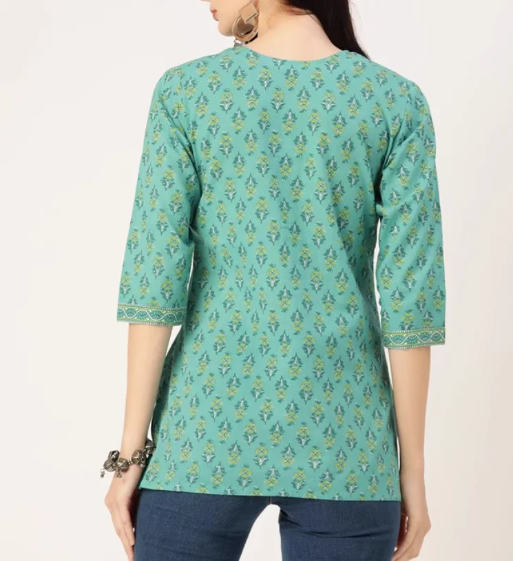 Indian women's Pure Cotton Printed Short Seven Quarter Sleeve V-neck Kuta