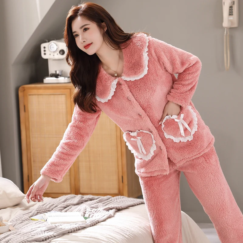 Winter coral velvet cardigan button jacquard plush pajamas for women cute sweet thickening casual flannel pajamas home clothes